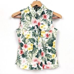 Notations Sleeveless Blouse Floral Tropical Print Button Front Beachy Coastal MP